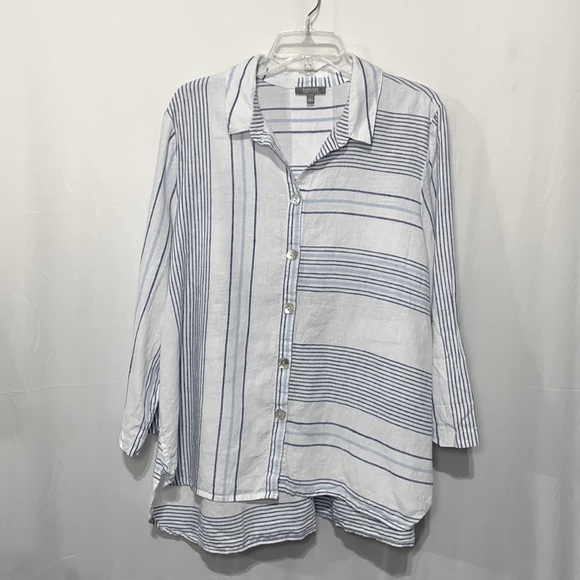 Habitat Tops - HABITAT Clothes to Live Blue/White Linen Blend Cape Cod Stripe Swing Shirt sz L